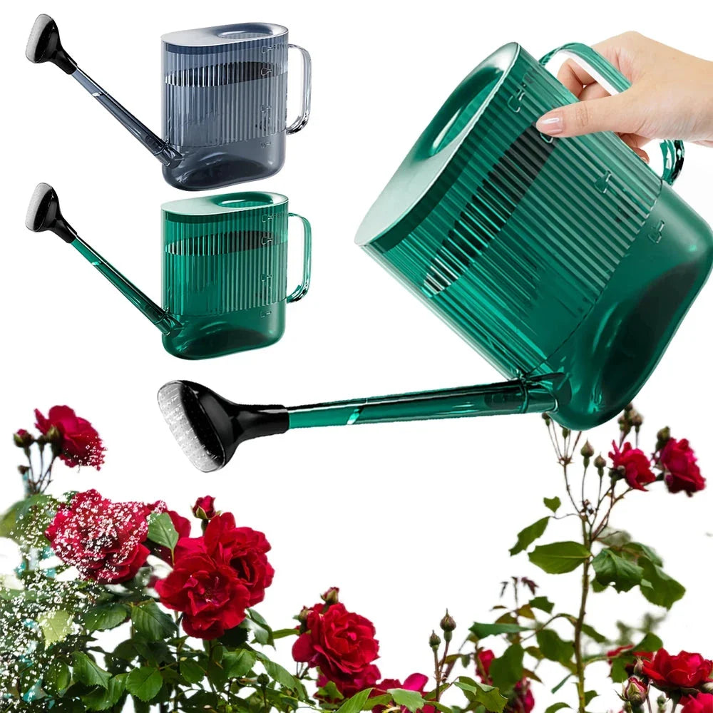 A large, dark grey gardening watering can with a long spout and sprinkler head for efficient, hassle-free plant watering