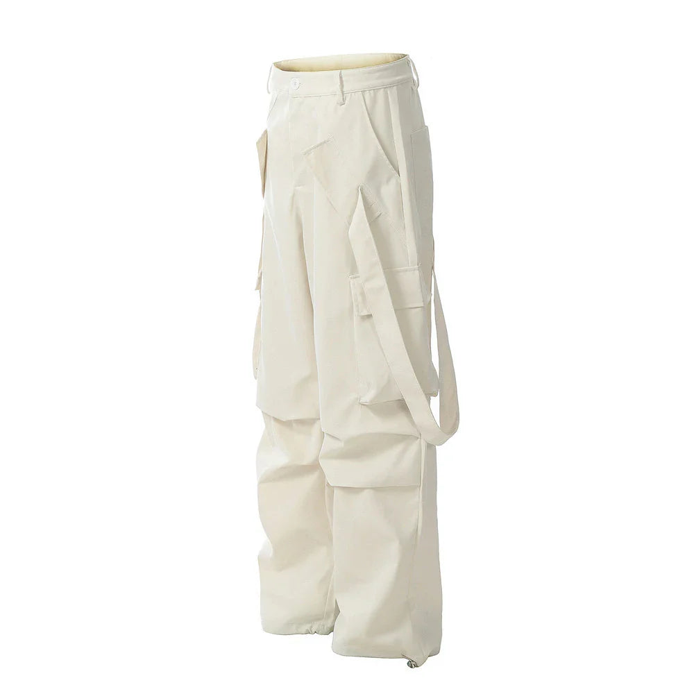 Premium pleated overalls for men with ribbon pockets, available in black and apricot colors, sizes S-XL