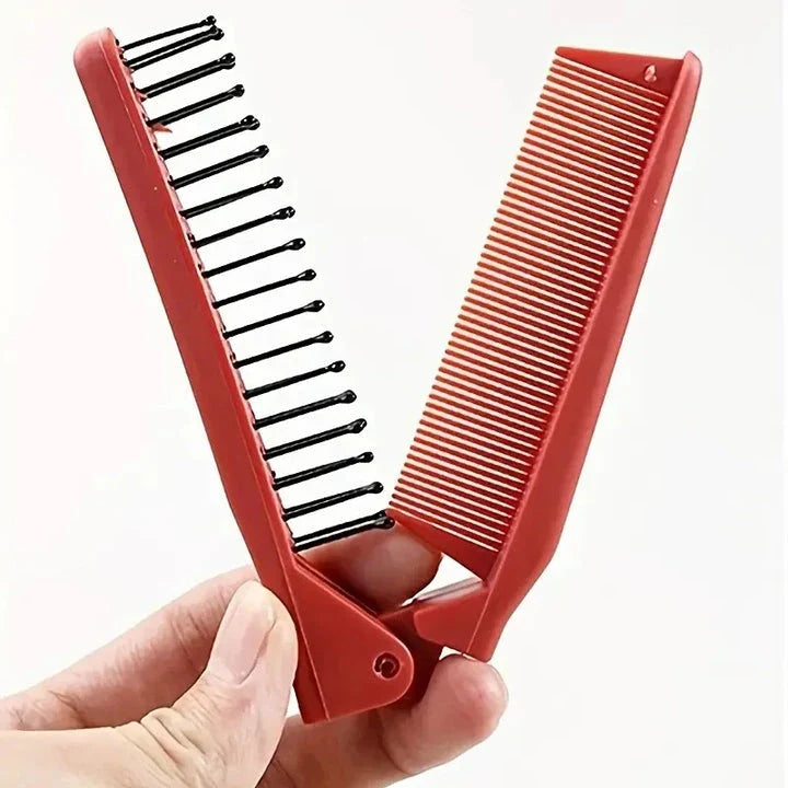Red mini folding pocket comb with fine-tooth design, double-ended versatility, and compact, portable build