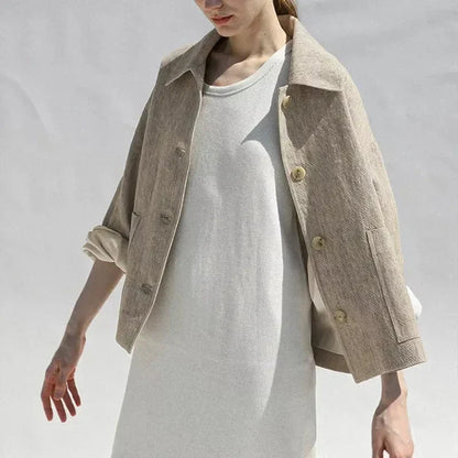 Elegant and comfortable cotton-linen autumn jacket for women with classic lapel collar and versatile design