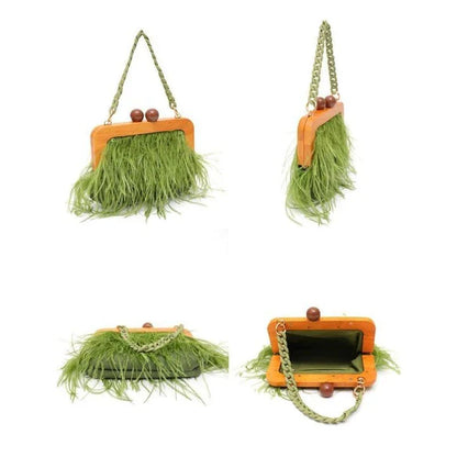 Elegant green feather evening clutch with chic acrylic chain, a stylish and practical accessory for formal and casual events