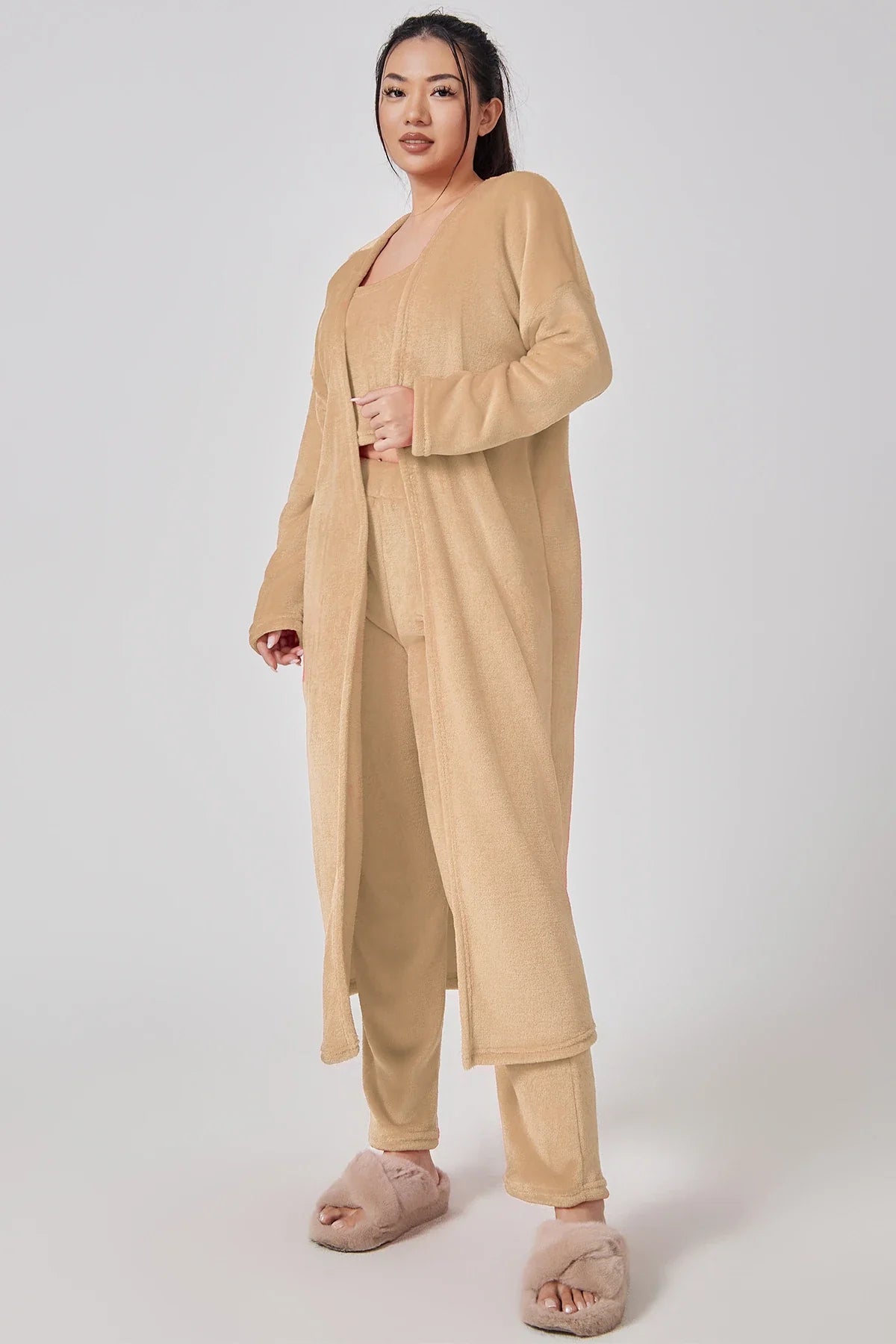 Cozy 3-piece loungewear set in pastel colors including crop top, wide-leg pants, and matching cardigan