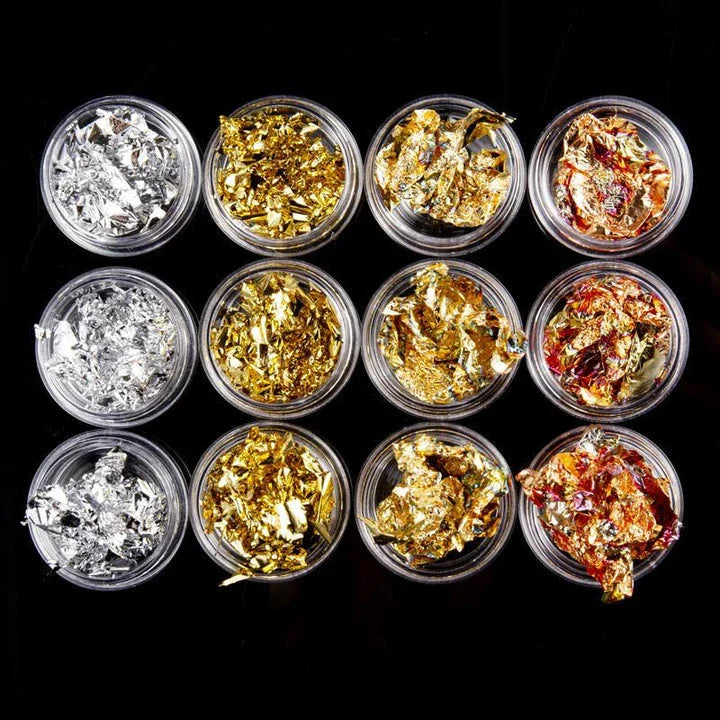 Dazzling gold and silver glitter foil nail art set with 12 vibrant pots for creating stunning, sparkly nail designs
