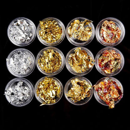 Dazzling gold and silver glitter foil nail art set with 12 vibrant pots for creating stunning, sparkly nail designs