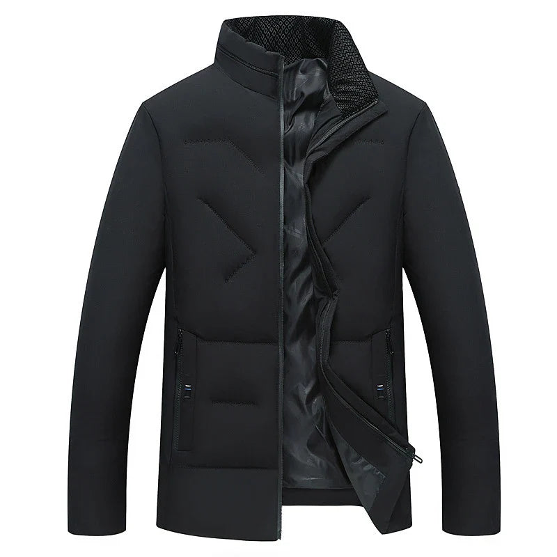 Cozy padded jacket with stand collar and full-zip closure, available in gray, black, and navy blue colors