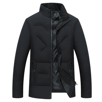Cozy padded jacket with stand collar and full-zip closure, available in gray, black, and navy blue colors