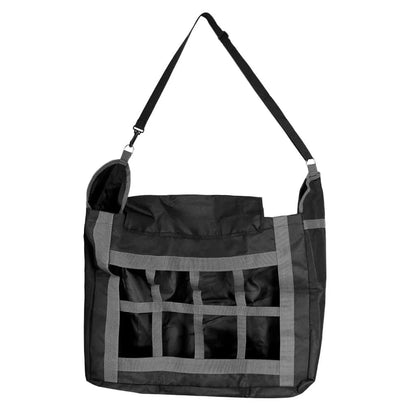 Adjustable horse feed bag made with durable 600D Oxford cloth for customized fit and reduced mess during feeding time