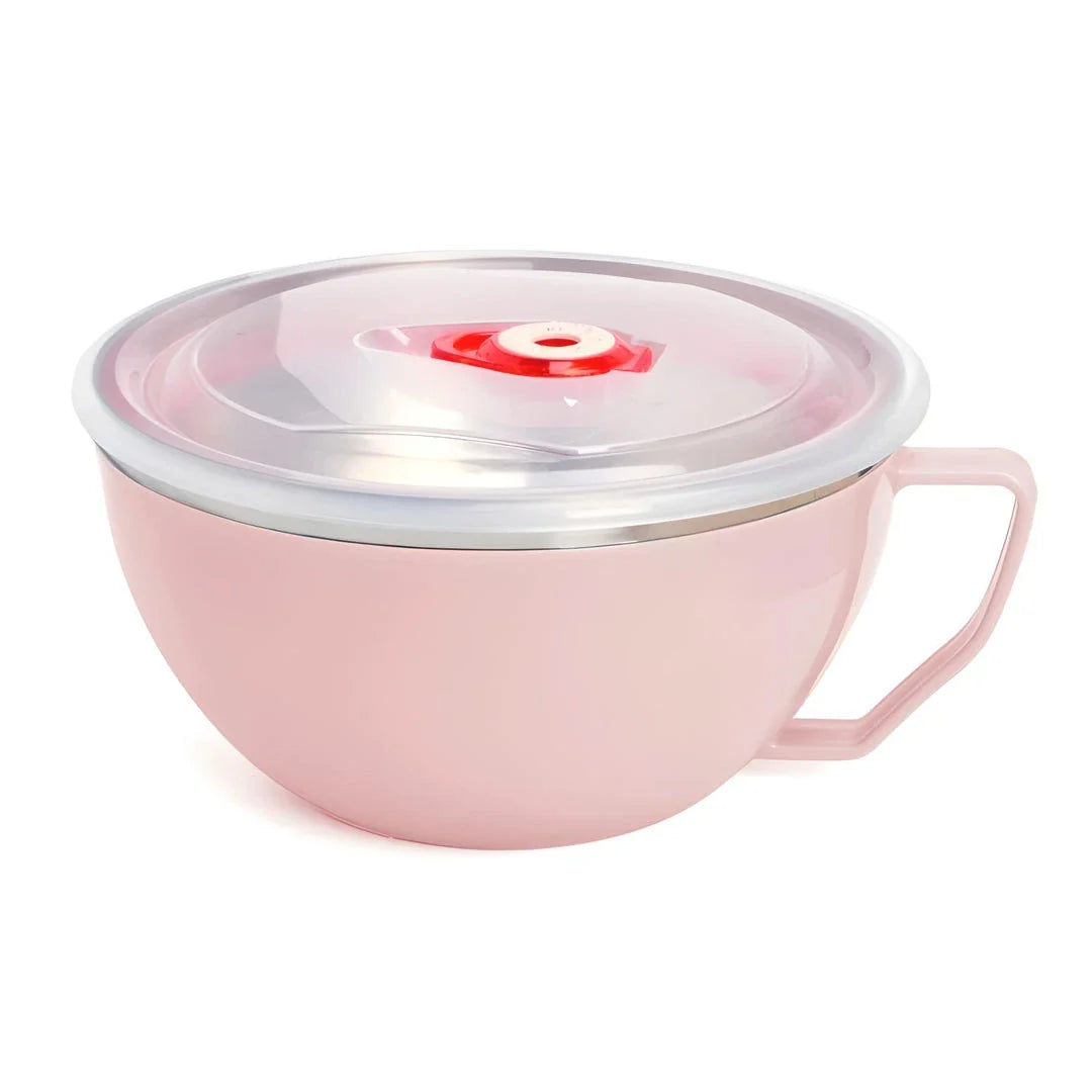 Colorful stainless steel mixing bowl with ergonomic handle, available in pink, green, and blue colors