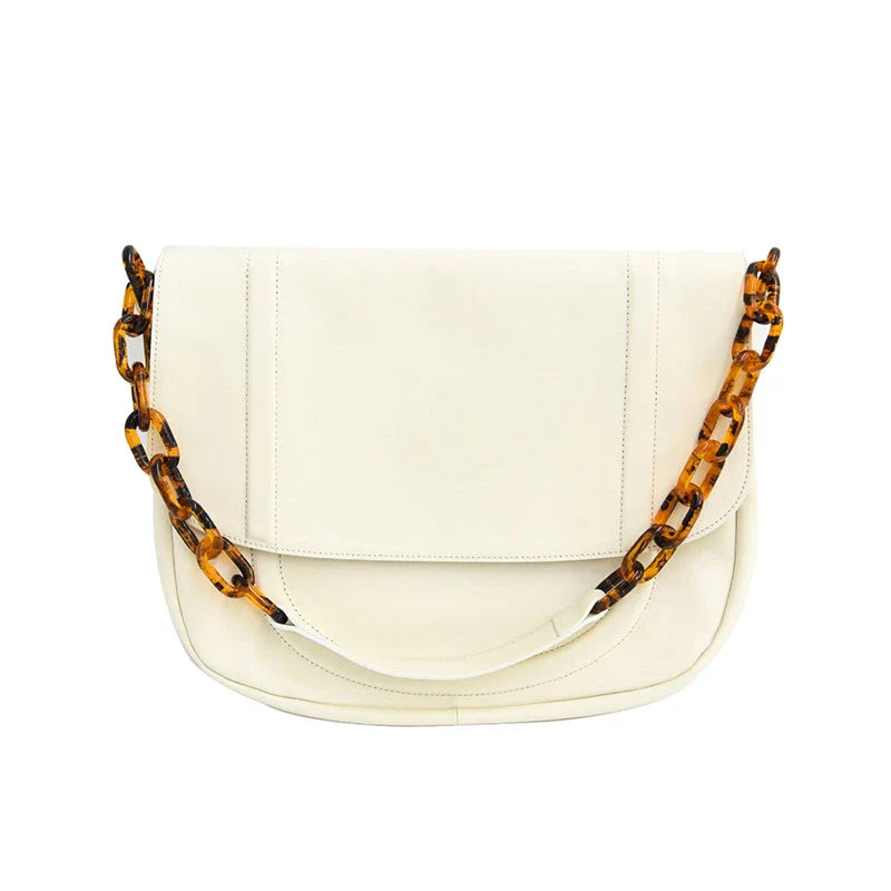 Stylish personalized acrylic chain shoulder bag in a creamywhite color, featuring a versatile tote design with a large capacity interior.