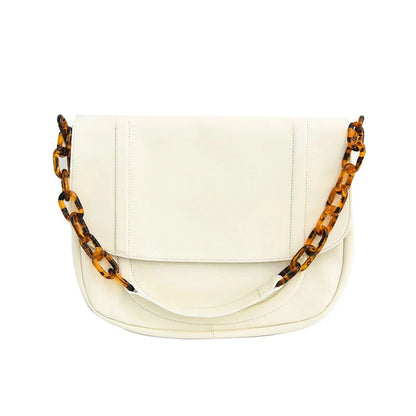 Stylish personalized acrylic chain shoulder bag in a creamywhite color, featuring a versatile tote design with a large capacity interior.