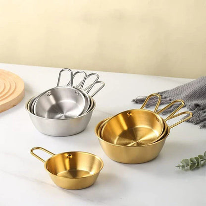 Elegant gold plated stainless steel serving bowls in various sizes, perfect for soups, salads, and more