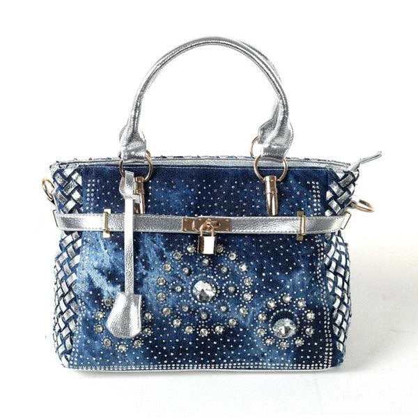 Silver diamond-studded denim messenger bag with adjustable strap and zippered main compartment