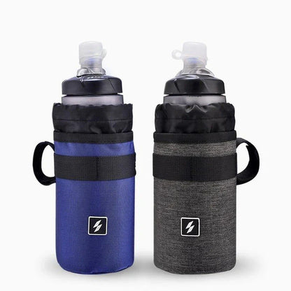Insulated gray handlebar bag securely holding a 750ml water bottle, designed for easy access to hydration while cycling