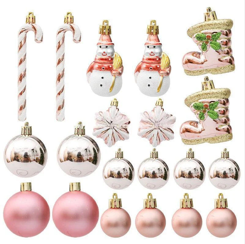 Rose gold Christmas ornaments in a gift box, including gourds and candy canes, for elegant holiday decor