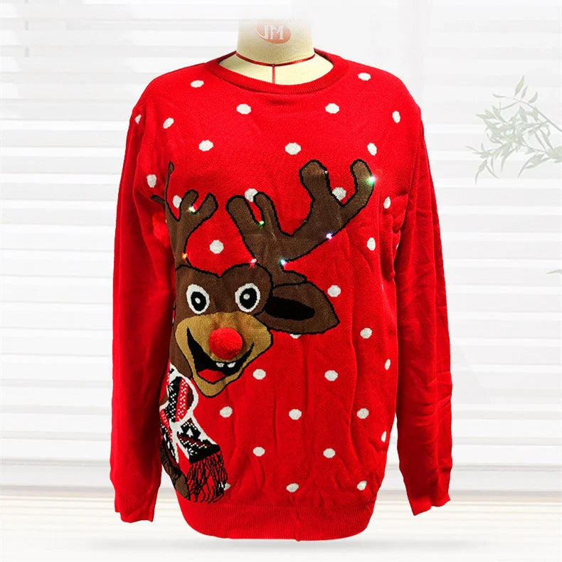 Festive elk-inspired oversized knit sweater in red with a relaxed, comfortable fit