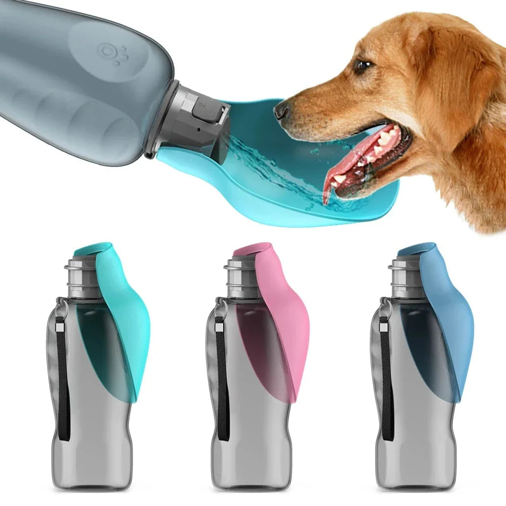 800ml high-capacity portable dog water bottle in blue, green, and pink colors for outdoor adventures