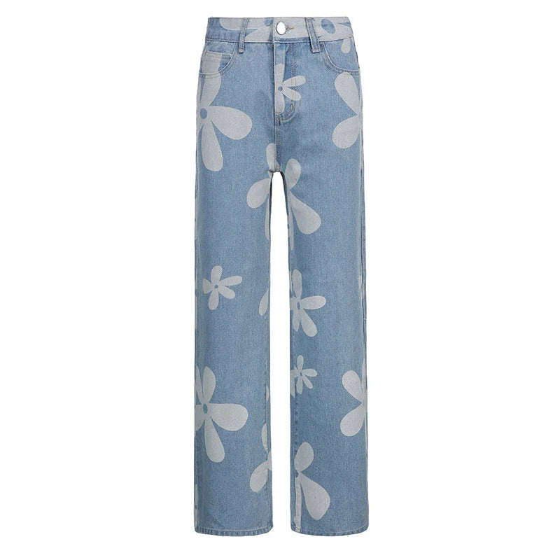 Stylish high-rise straight-leg jeans with a bold floral print, perfect for casual street-style fashion