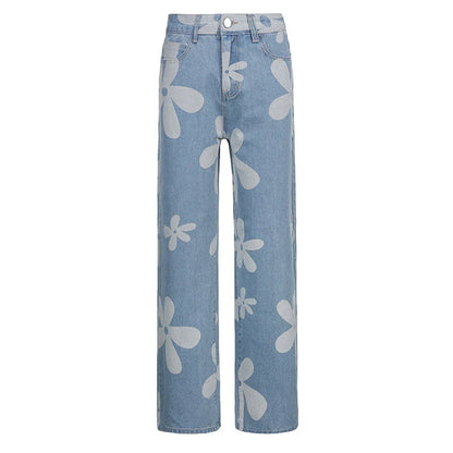 Stylish high-rise straight-leg jeans with a bold floral print, perfect for casual street-style fashion