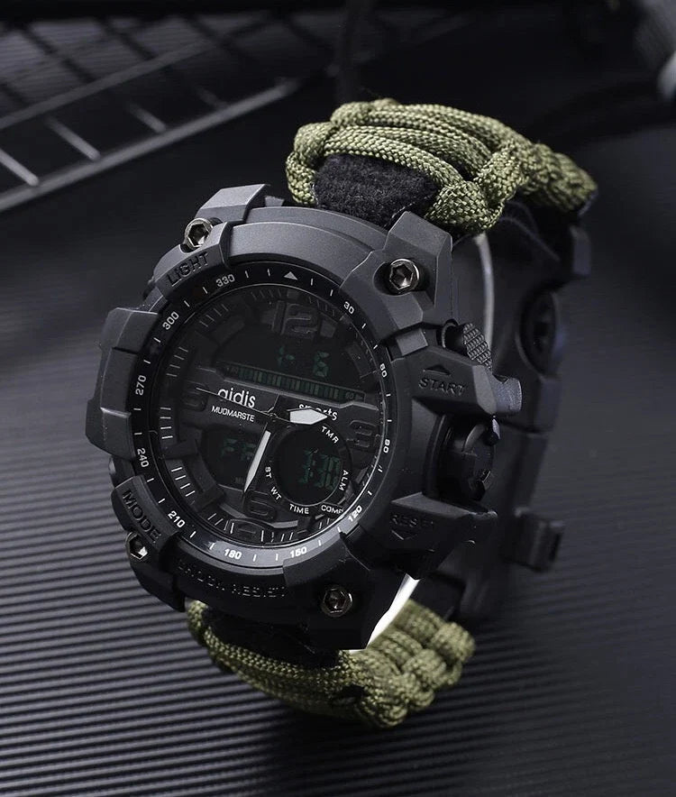 Outdoor survival watch with compass, parachute cord, and water-resistant design for rugged adventures