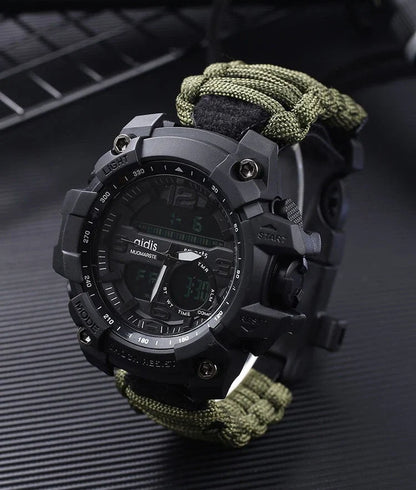 Outdoor survival watch with compass, parachute cord, and water-resistant design for rugged adventures