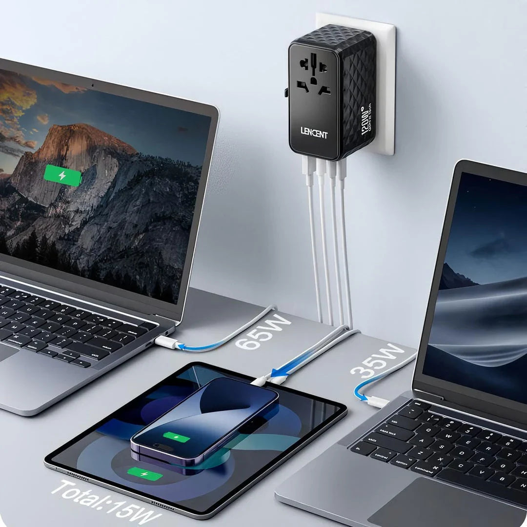 120W GaN Fast Charger with Multi-Region Travel Adapter for phones, tablets, and laptops