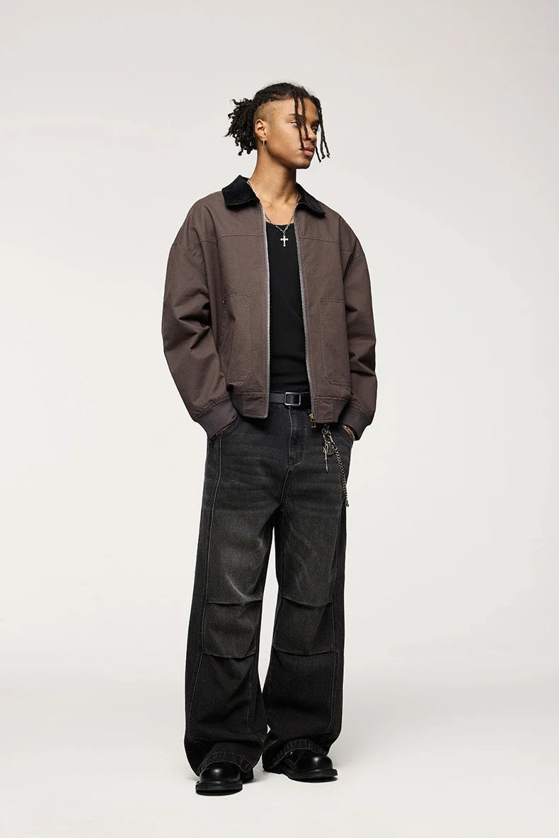 Men's relaxed fit retro straight-leg jeans in black, gray, and denim blue with vintage-inspired details