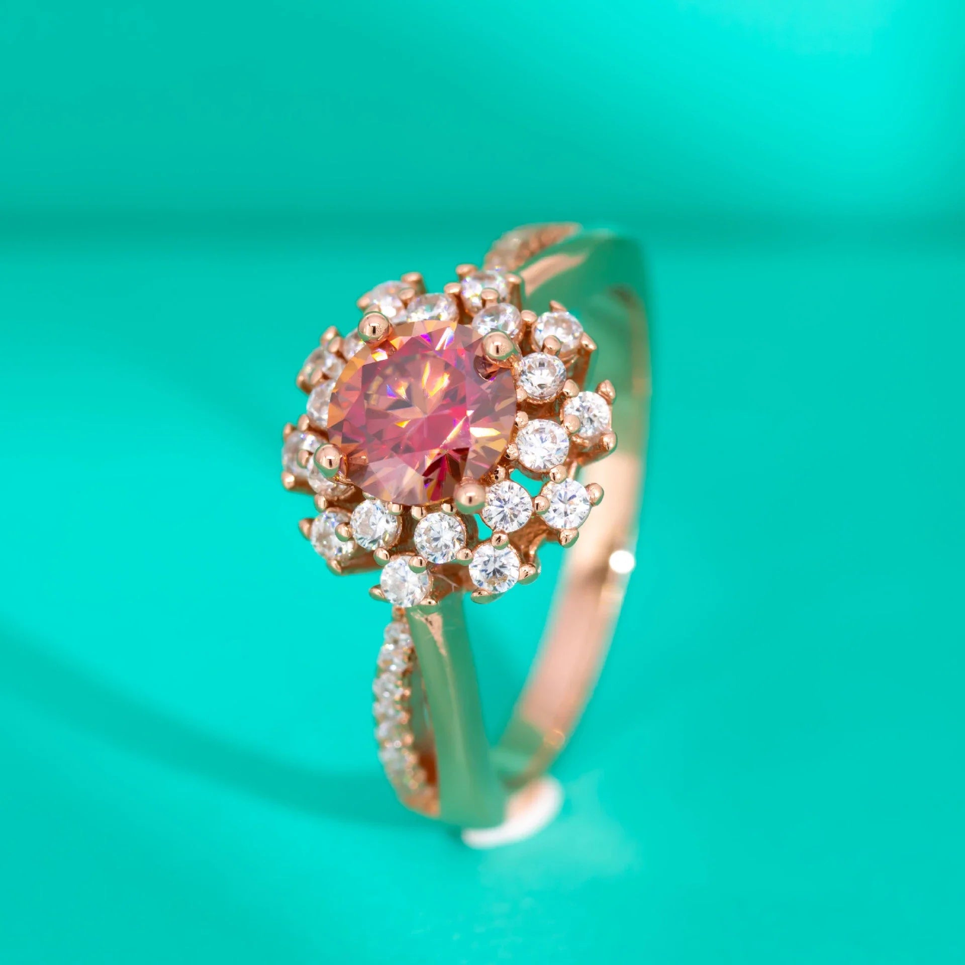 Elegant red moissanite flower ring for women with delicate design and sparkling accents