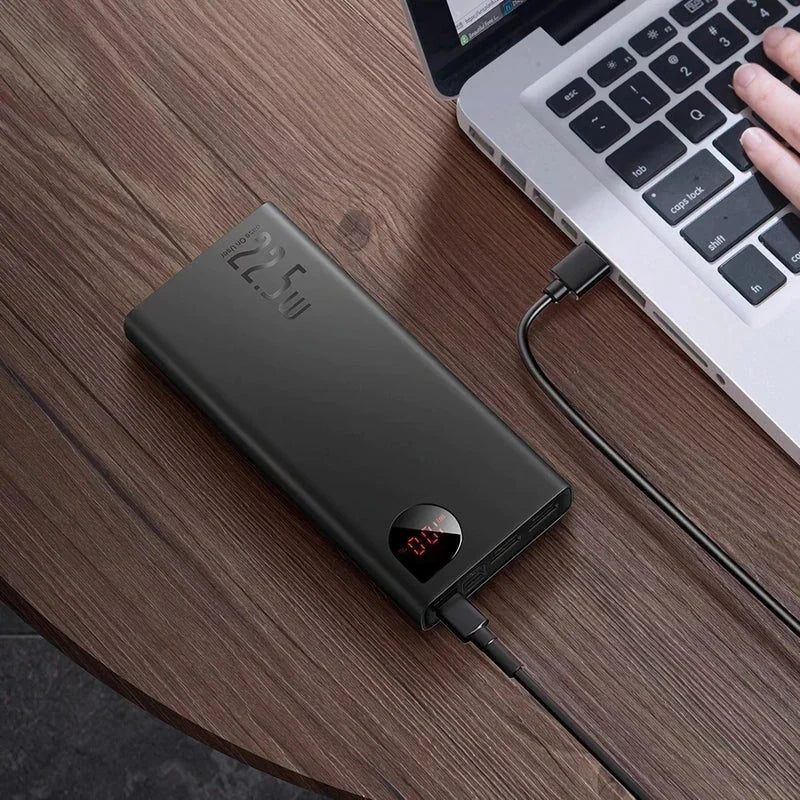 A sleek and durable metal power bank with a 10,000mAh capacity, quick-charging capabilities, and an LED display for easy monitoring.