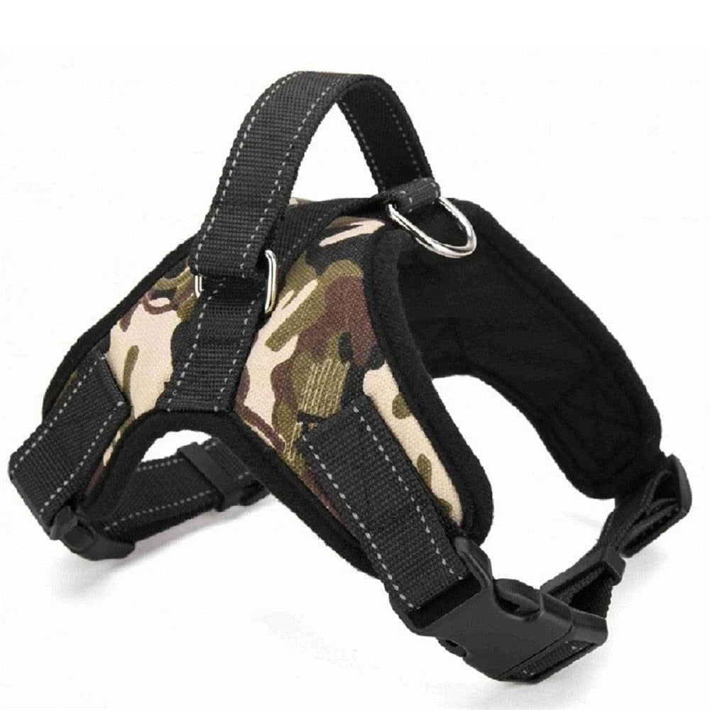 Durable nylon dog harness in camouflage pattern with adjustable straps for a custom fit