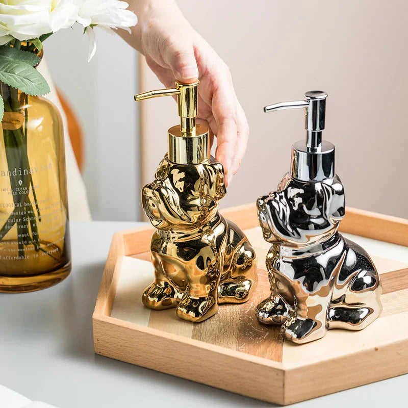 Premium 280ML ceramic dog-shaped soap dispenser with elegant gold and silver finishes for luxurious bathroom decor