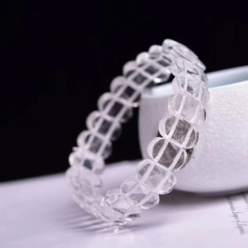Natural white crystal single loop bracelet with a geometric pattern, providing radiation protection and elegant style
