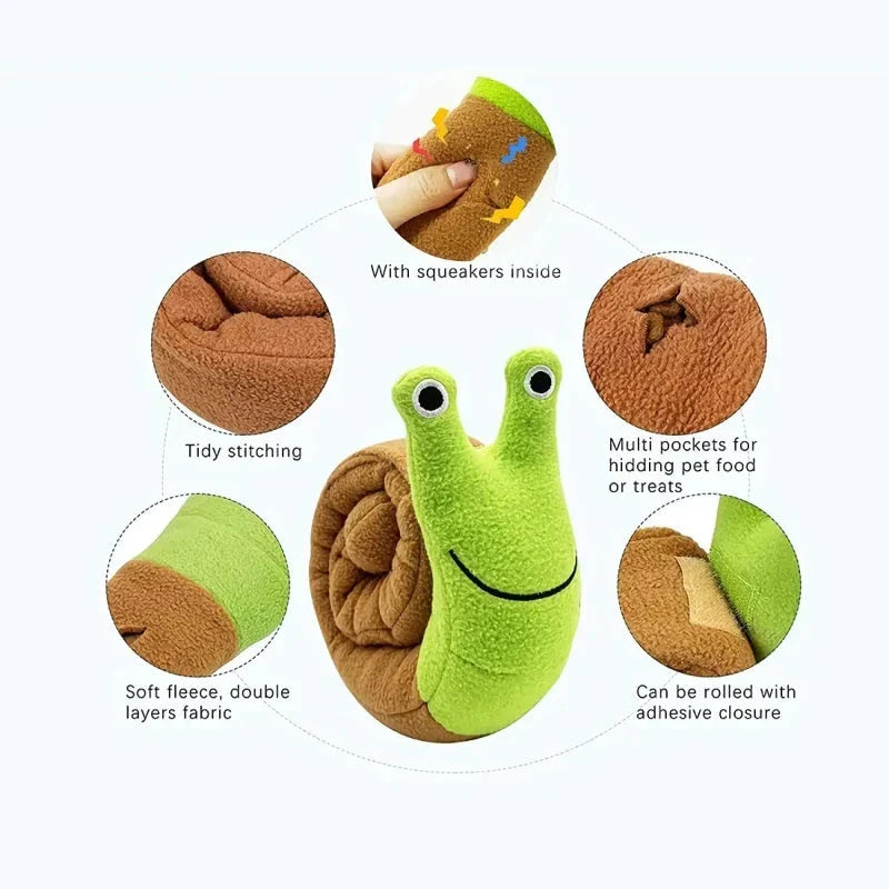 Interactive plush snail-shaped snuffle mat toy for dogs with sound generator and hidden treat pockets
