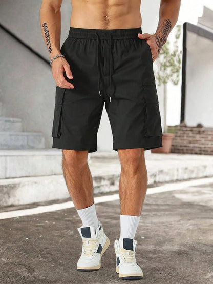 Drawstring waist men's workwear shorts with multiple pockets in various colors