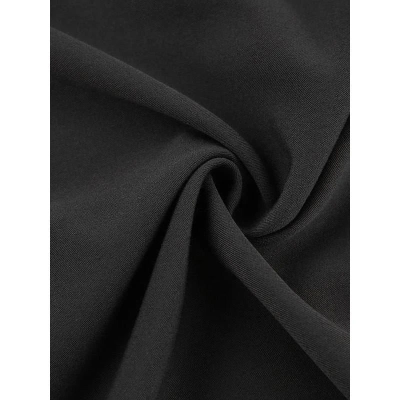 Elegant black ankle-length A-line skirt with functional pockets, made from a premium polyester blend fabric.