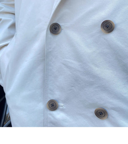 Commuter-friendly mid-length trench coat with double-breasted lapels, made from durable cotton-polyester blend fabric