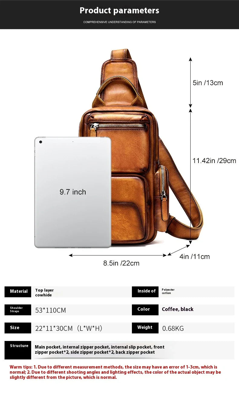 Men's casual first layer cowhide small chest bag in light brown color, featuring a compact and versatile design for everyday use