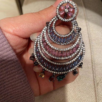 Elegant crescent-shaped water drop tassel earrings with vibrant artificial gems and semi-precious stones