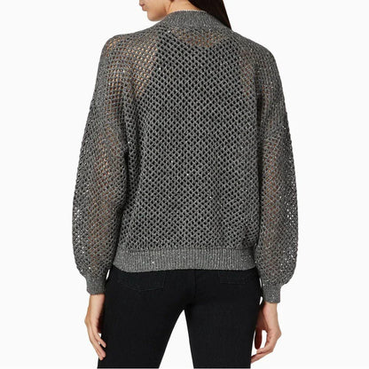 Elegant knit top featuring sequin embellishments, linen-blend fabric, and a sophisticated silhouette