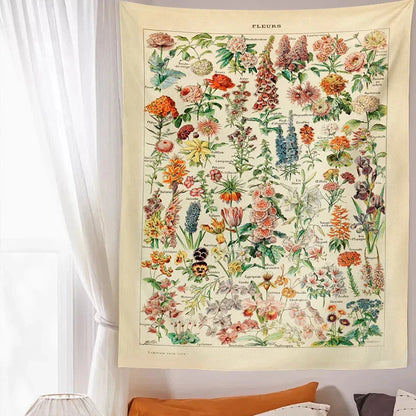 Botanical mushroom tapestry wall hanging with vibrant floral prints and educational mushroom illustrations
