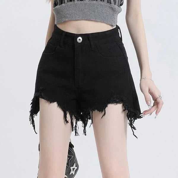Chic high-waisted black denim shorts with stylish button detailing for a flattering and comfortable look