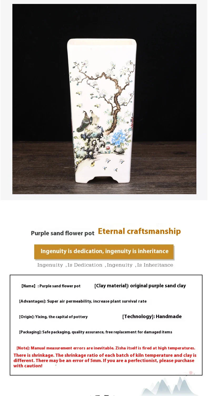 Elegant square ceramic planter in white with a Chinese-inspired design, suitable for indoor plants like asparagus fern and orchid.
