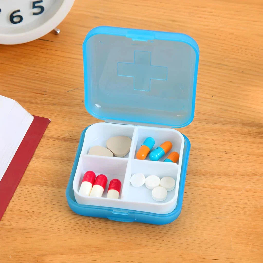 Compact 4-compartment pill organizer in various vibrant colors, designed for discreet medication management on the go.