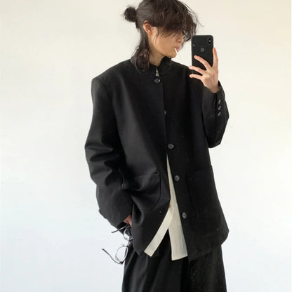 Premium casual men's Zhongshan jacket in black with stand collar design, made from durable wool blend material for sophisticated style and comfort.