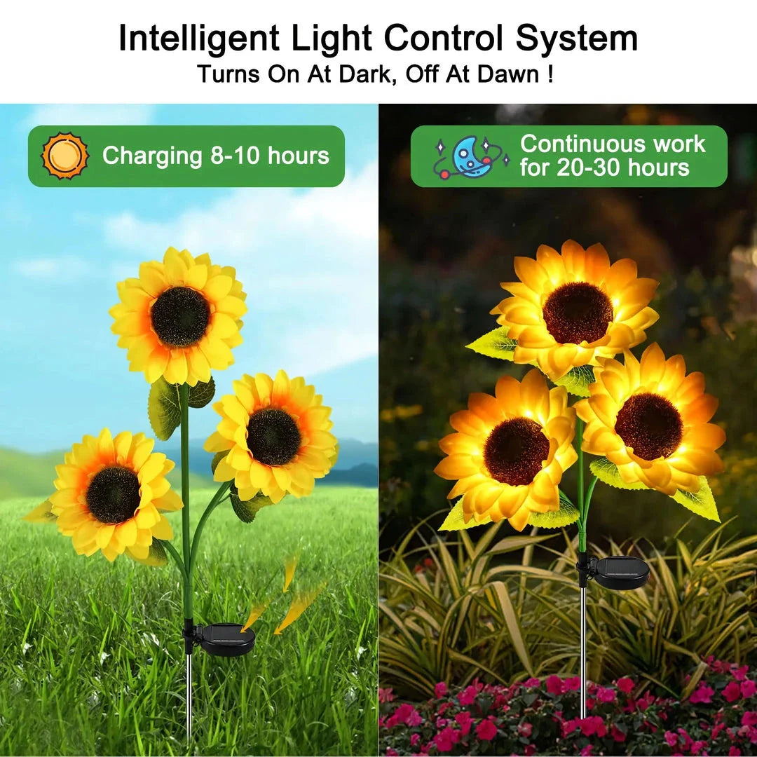 Realistic solar-powered sunflower garden lights for outdoor decor, illuminating a patio or backyard with a warm, enchanting glow.