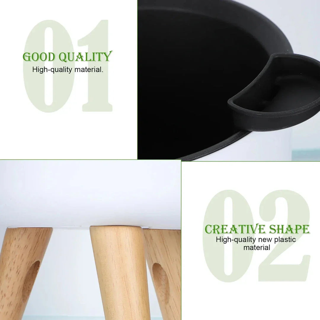 A modern self-watering planter with a wooden stand, designed to simplify indoor gardening and enhance any space with its chic and functional features.