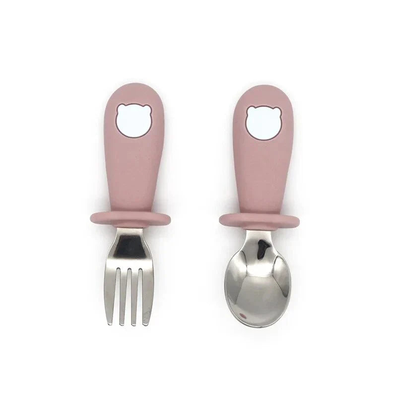 Cartoon Stainless Steel Kids' Cutlery Set with spoon and fork in playful designs, perfect for toddler and child mealtime