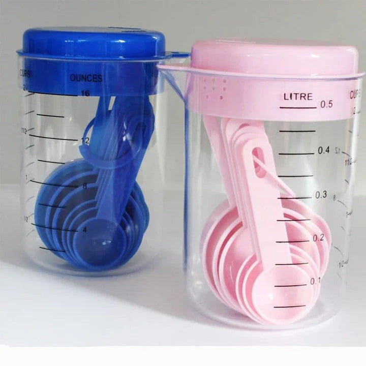 Premium 10-piece plastic measuring cups and spoons set with easy-to-read markings and durable construction.