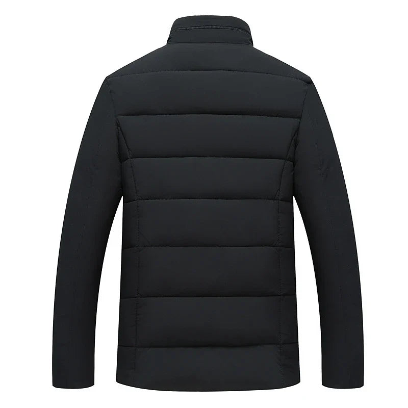 Cozy padded jacket with stand collar and full-zip closure, available in gray, black, and navy blue colors