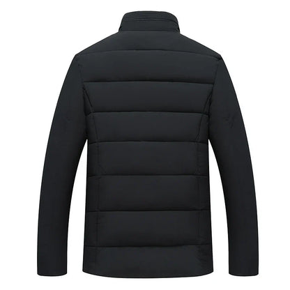 Cozy padded jacket with stand collar and full-zip closure, available in gray, black, and navy blue colors
