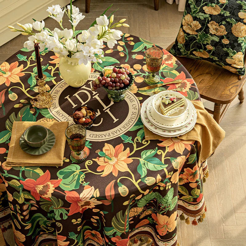 Elegant dark brown luxury tassel tablecloth with intricate printed patterns and delicate tassels, perfect for refined dining experiences